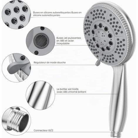 Pommeau de Douche 5 Fonctions avec Tuyau 1, flexible inox, 5m, Chromé économique top vente top vente (1/5)