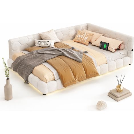 Lit banquette 140x200 cm en velours blanc, sommier à lattes, LED d’ambiance 16 couleurs, ports USB et USB-C, style moderne – CHICFURN (1/5)