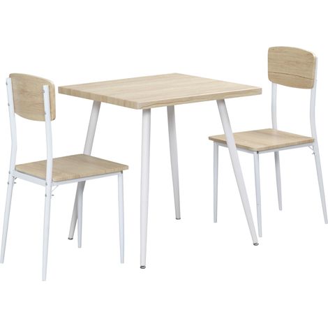 3-teiliges quadratisches Esszimmer-Set mit Tisch und 2 Stühlen, Küche/Esszimmer, Tischplatte aus MDF, weißes Metallgestell