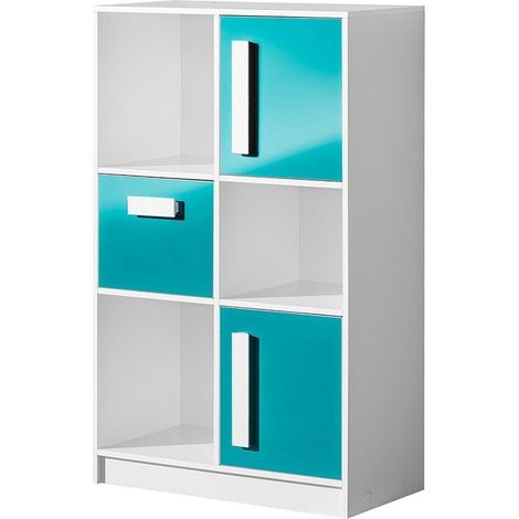 Étagère Merevari 101, Blanc + Brillant Turquoise, Avec tiroirs, Avec des portes, Stratifié, Le nombre de portes: 2, Nombre de tiroirs: 1, 133x80x40cm