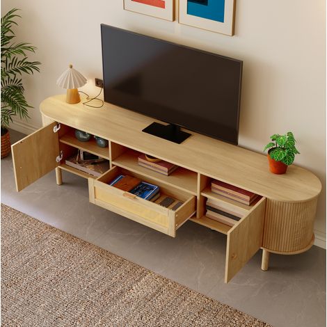 CHICFURN Mueble TV 175x36x51 cm de MDF natural con cajón de ratán y pasacables (1/5)