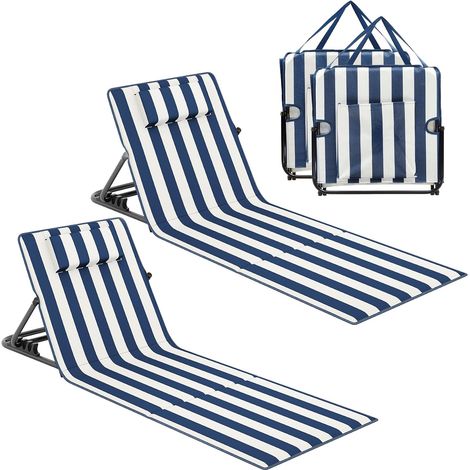 Set mit 2 blau-weißen, klappbaren Sonnenliegen mit Kopfstütze, 4-fach verstellbarer Rückenlehne, leicht für Strand und Camping (1/5)
