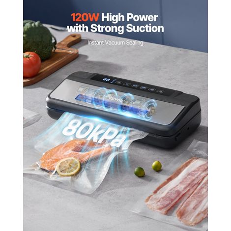 Machine Sous Vide Alimentaire, 120 W, Machine à Emballer Mise Sous Vide Aliments 80 kPa, Appareil de Scellage à Air Automatique Multifonctionnelle Compacte 7 en 1 avec Coupeur Intégré, 10 Sacs (1/5)