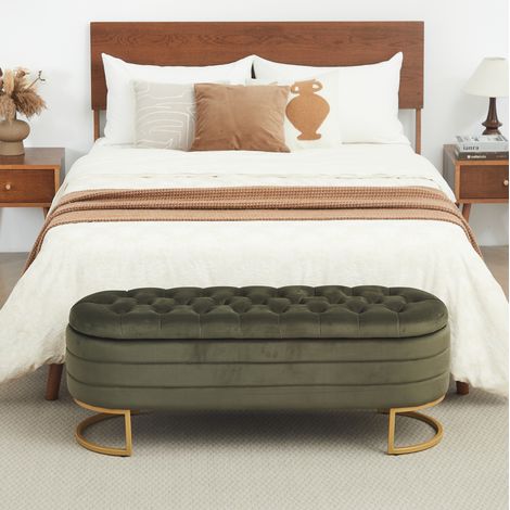 MODFU – Panchina contenitore capitonné in velluto con vano ventilato e capitonné borchiato, portata 150 kg, piedini in metallo dorato antiscivolo – Verde (1/5)