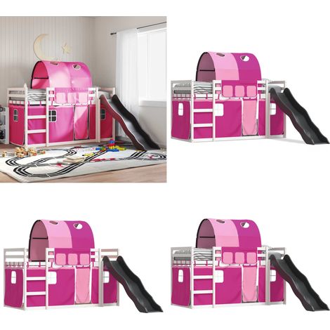 Etagenbett mit Rutsche und Gardinen Rosa 90x200 cm - Hochbett für Kinder - Holzbetten