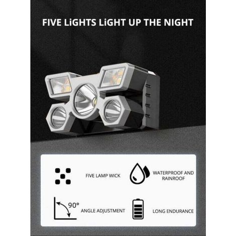 Lampe Frontale - 5 LED - 300 Lumen - Portée 1000 M - Batterie Rechargeable 800 mAh - Étanchéité IPX4 - Pivotement 90° - 1 Pièce (1/4)