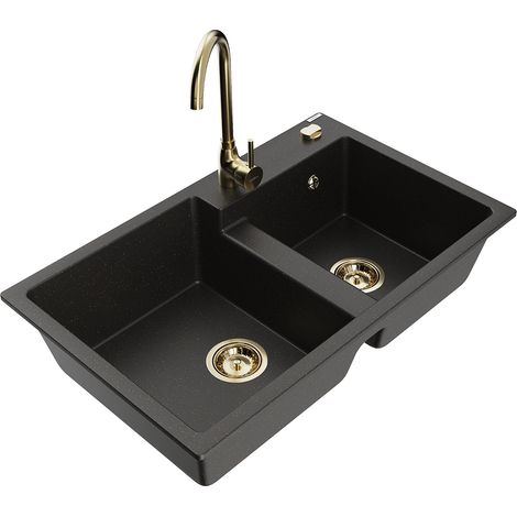 Mexen Tomas lavello in granito a 2 vasche con rubinetto da cucina Telma, nero/oro metallizzato - 6516-75-670200-50 (1/5)