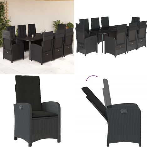 Set da Pranzo da Giardino 9 pz con Cuscini Nero in Polyrattan - Sedie da giardino reclinabili - Tavolo da giardino