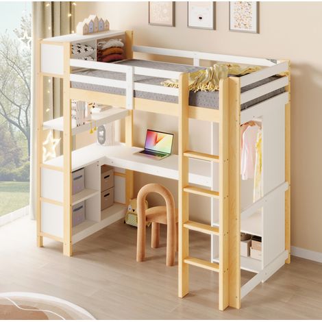 Letto a soppalco minimalista 90x200 cm in pino bianco/naturale, con scrivania, scaffali, armadio e rete a doghe