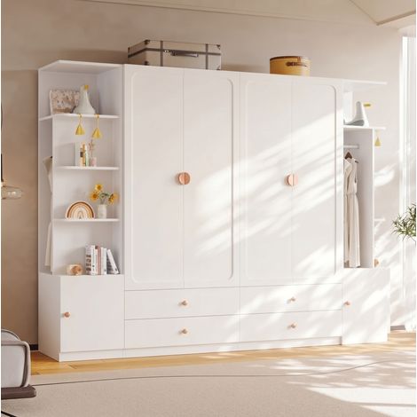 Armadio 6 ante 270x45x200 cm, 4 appendiabiti e 4 cassetti, legno massello MDF acciaio bianco (1/5)
