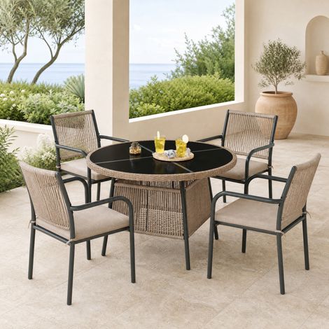 Set tavolo e sedie da giardino 5 pezzi rotondo in vetro temperato grigio HAVRYA (1/5)