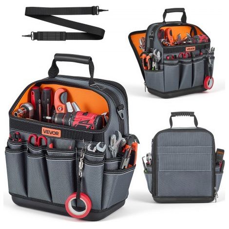 Sac à Outils Ouvert 335 mm,Sac de Rangement d'Outils à 39 Poches,pour Électricien,Bricolage,Maintenance et Chantier,Organiseur Portable avec Base Rigide en Plastique,Bandoulière Réglable (1/3)
