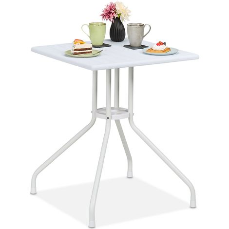 Relaxdays Tavolino da Giardino, HLP: 73x62x62 cm, Tavolo Quadrato da Balcone, Plastica Effetto Legno e Acciaio, Bianco