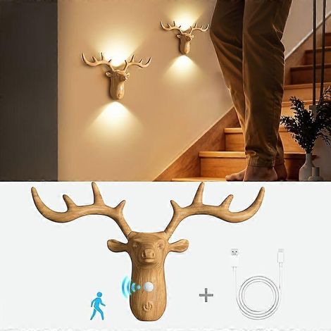 Applique murale LED intelligente en forme de cerf, détecteur de mouvement, batterie rechargeable USB 1200 mAh, modes tactile et automatique, idéale pour l'éclairage nocturne des escaliers et des placa (1/5)