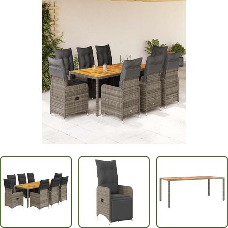Gartentisch - 9-tlg. Garten-Bistro-Set mit Kissen Grau Poly Rattan (1/5)