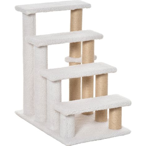 Escalier chat 4 marches avec griffoirs animaux jute et peluche 60 x 40 x 64 cm Blanc