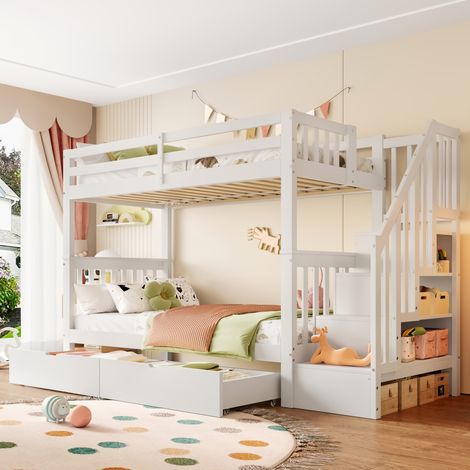Cama litera con cajones y escalera estante blanca OKMYHOME (1/5)
