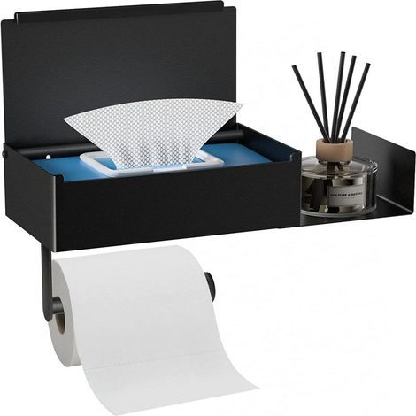 1 Toilettenpapierrollenhalter mit Ablagefach, schwarzer Edelstahl, für Badezimmer, Küche, Büro (1/5)