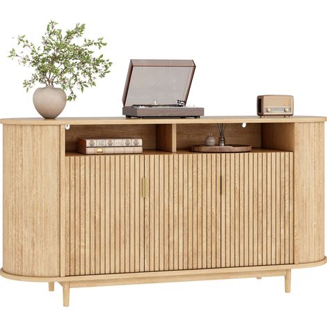 Commode à 3 portes, aspect bois, meuble de salon, meuble de rangement, MDF, structure à lignes verticales et pieds en pin, meuble de rangement moderne (1/5)