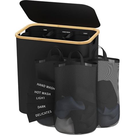 Panier à linge 160L pliable noir avec couvercle cadre en bambou sac amovible intérieur tissu imperméable respirant rangement vêtements (1/5)