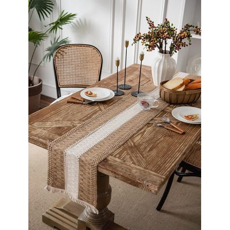 Boho marokkanischer Tischläufer Bauernhaus rustikal handgefertigt Baumwolle Leinen Quasten Bohemian Vintage Urlaub Party Tischdekoration BeigeA, 12"×108") (1/5)