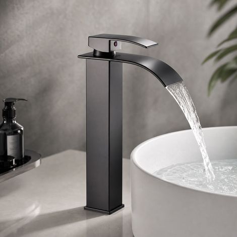 Robinet cascade lavabo mitigeur bec plat design moderne noir acier inoxydable flexible inclus hauteur 305mm salle de bain (1/5)