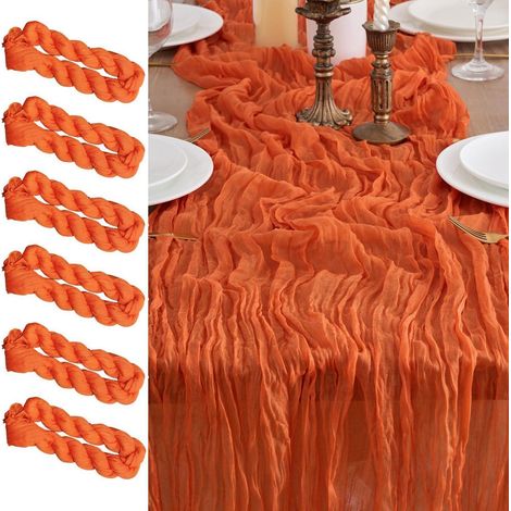 6er Set Tischläufer Gaze Stoff 90x300cm Orange Boho Rustikal für Deko
