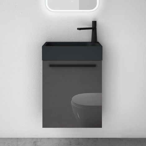 Mai & Mai Mobile Bagno Sospeso46x26x63cm in Grigio lucido, Set Mobile da Bagno Include Lavabo da Minerale fuso e Specchio LED in Antracite opaco, Seria Pisa02 (1/5)