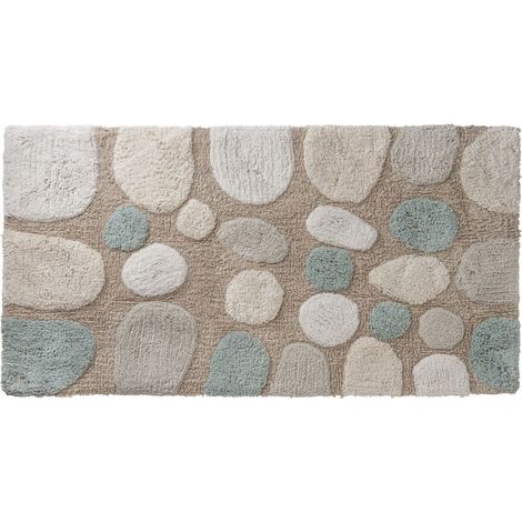 Tapis de bain galet en coton 60x120cm – Antidérapant – Lavable à 30° – Motifs embossés beige et bleu – (1/3)