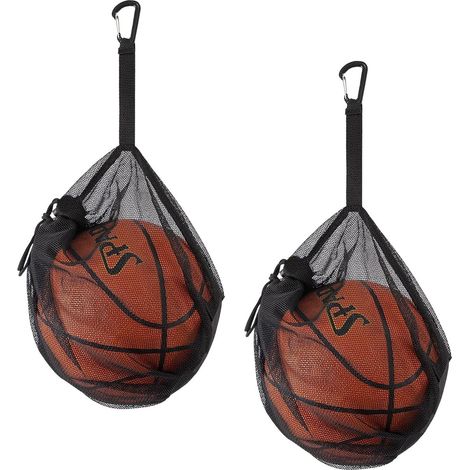 Lot de 2 sacs en filet avec clips - Sac de rangement souple pour ballons avec cordon de serrage et poche refermable - Convient aux ballons de basket, de football, de volley et de rugby - Capacité 16 l (1/4)