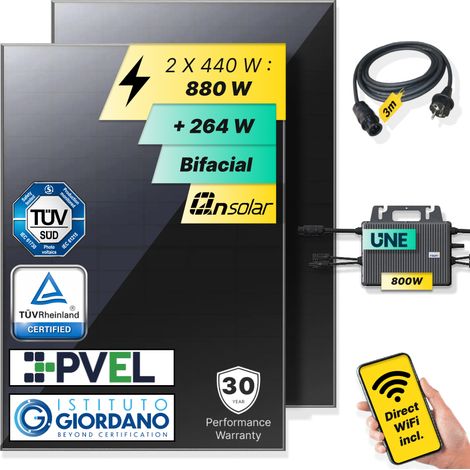 ROBINSUN®️ Kit Solar Enchufable Performance Basic (Sin Fijación) 880 Wp, 2 paneles QN 440Wp + 1 Microinversor 800W con Wifi incluído + Cable 3m