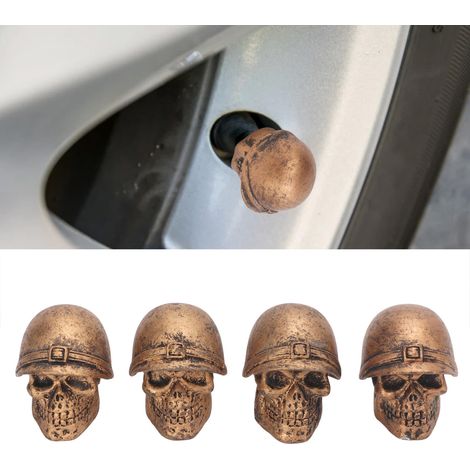 Cache-valve universel pour pneus de voiture, camions, vélos, motos et cyclistes, orné d'un motif de crâne. Lot de 4 (Devil Soldier), couleur bronze. (1/5)