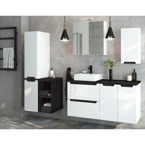 Badmöbel Komplett Set Hochglanz weiß mit Beton-Dunkel SOFIA-107 mit 40cm Keramik-Waschtisch & Spiegelschrank, B/H/T ca.  240/200/46 cm (1/5)