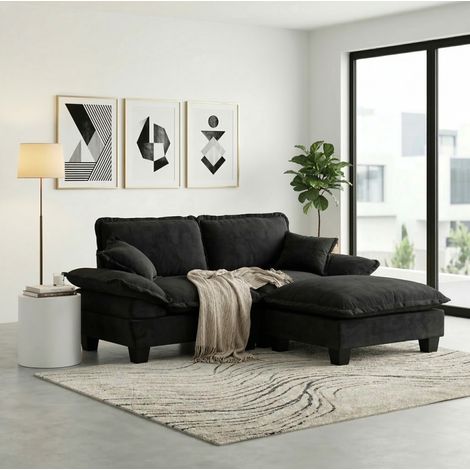 Ecksofa mit Ottomane Chenille Schwarz 194x151 cm OKMYHOME (1/5)