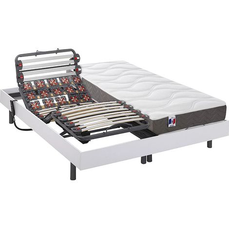 Lit électrique de relaxation lattes et plots + matelas 100% latex 3 zones - 2 x 80 x 200 cm - Blanc - MENELAS de YSMÉE (1/5)