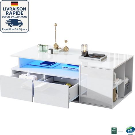 MODFU - Mesa de centro rectangular LED con espacio de almacenamiento, 2 cajones, mesita de noche, para salón/dormitorio, 100×50×35 cm, color blanco (1/5)