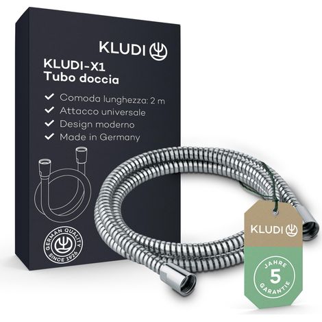 KLUDI-X1 tubo doccia flessible 2 metri, flessibile per doccia con doppia protezione antitorsione, resistente al kink, attacco standard, tubo flessible doccia plastificato con effetto metallizzato (1/5)