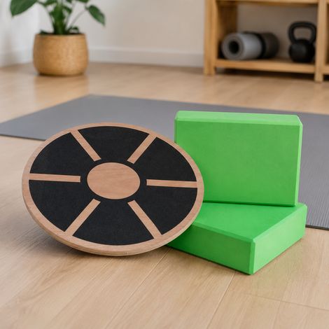 Set per esercizi di equilibrio e flessibilità (2 pezzi) - Tavola basculante in legno e blocchi yoga in schiuma (1/5)