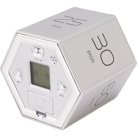 Minuteur hexagonal à bascule avec alarme silencieuse, minuteur magnétique cubique avec écran LCD pour la cuisine, les études et le travail, couleur argent. (1/5)
