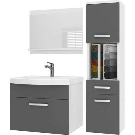 BELINI Meuble de Salle de Bain PRI M3 90 cm - Meuble avec Vasque Céramique + Miroir avec Étagère - Suspendu - Gris Mat (1/5)