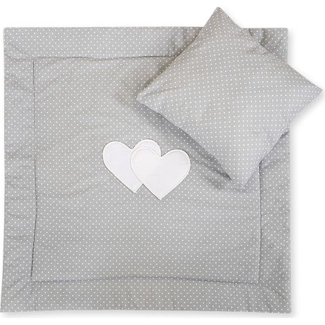 Kinderwagenbettwäsche mit Füllung, Bettdecke und Kissen – Herzchenmuster auf grauem Grund
