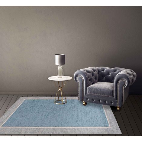 Tappeto Arredo Moderno Morbido in Ciniglia Ingresso Antiscivolo Prodotto Italiano Soggiorno Camera Salotto Disegni Piazzati Cotone Varie Misure Grande Roma Azzurro - 160x240Cm (1/5)