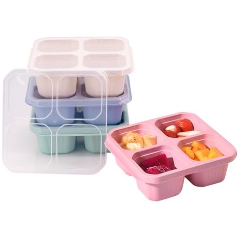 Lot de 4 boîtes à goûter avec 4 compartiments, réutilisables, avec couvercle en plastique, pour enfants, anti-fuite, pour les excursions, l'école, l'extérieur (1/5)