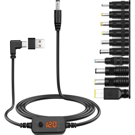 Cable Alimentation Adaptateur PD/USB vers DC 5V,9V,12V,15V,20V Tension Réglable Type C à Angle Droit to 5.5x2.1mm Cordon Chargeur Universel avec 10 DC Convertisseur pour Routeur Tablet(1.2m) (1/5)