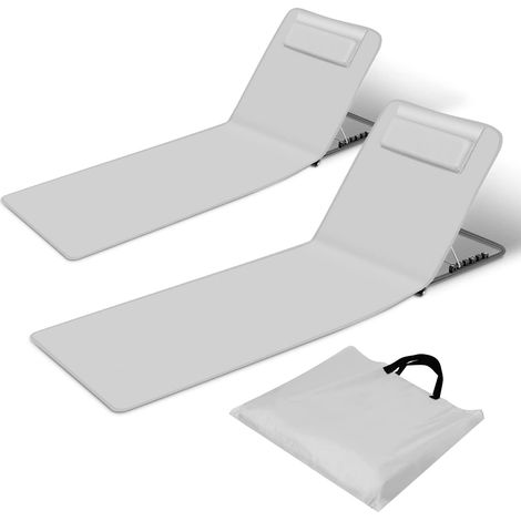 Lot de 2 chaises longues de plage pliables avec hauteur réglable à 5 niveaux, tapis de plage remplis sont ultra légers et peu encombrants, pour la plage, le camping (gris clair) (1/5)