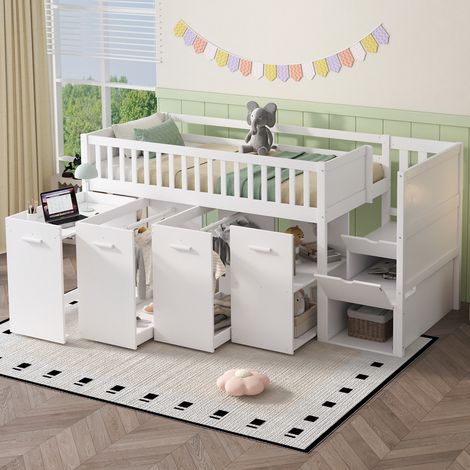 Cama altillo 90x200 cm cama infantil 2 plazas con protección antivuelco, escalera con 2 compartimentos, de pino+MDF, blanco, sin colchón (1/5)