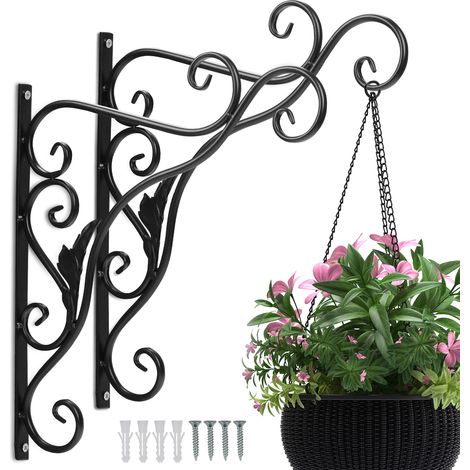 Wolketon Gancho para Cesta Colgante de Balcón - Juego de 2 - Motivo de Hoja - Soporte de Pared de Metal Negro para Plantas de Exterior