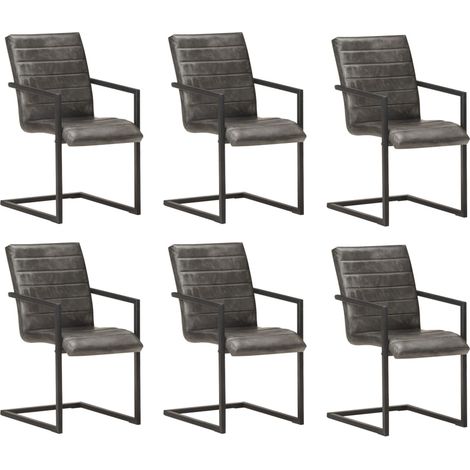 Chaises à manger cantilever lot de 6 gris cuir véritable (1/5)