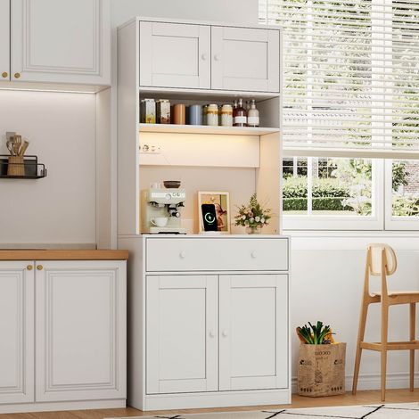 Aparador alto de cocina 180 cm con LED, USB, estantes para especias y cajón, blanco MDF (1/5)