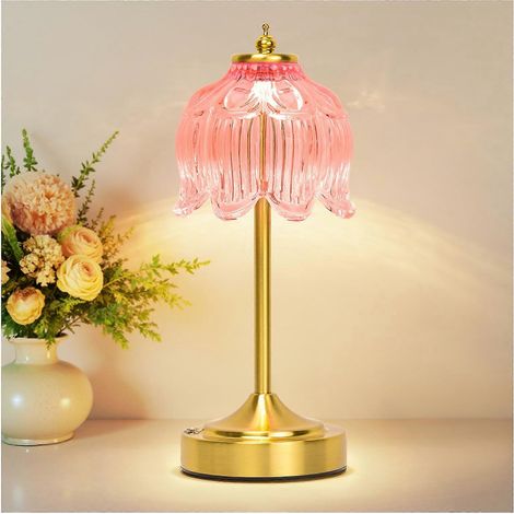 Kabellose, wiederaufladbare Tischleuchte mit Touch-Steuerung, viktorianischem Lotus-Glasschirm, 3 Farbmodi, Rosa